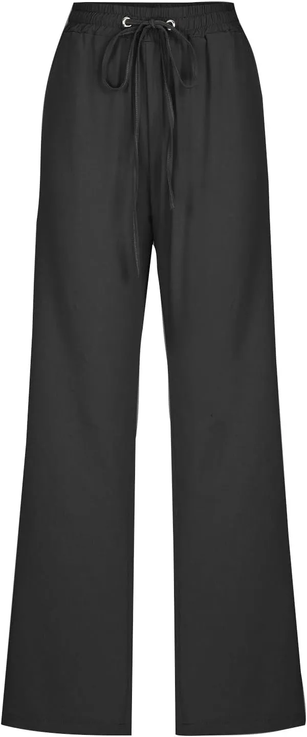 JOAU Pants for Women Casual 2024 Summer Drawstring Elastic High Waist Cotton Linen Pants Straight Wide Leg Pockets Trouser