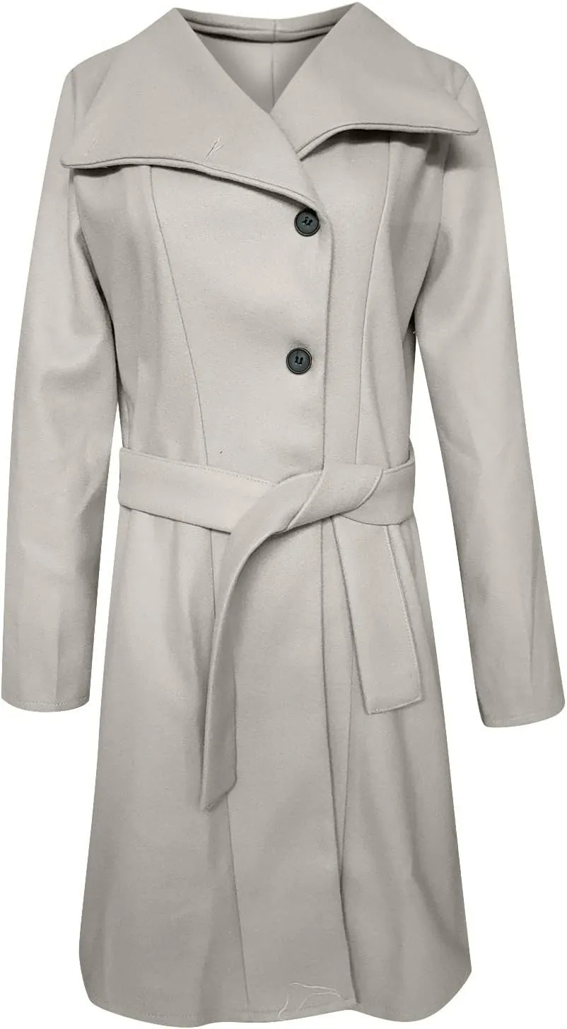 jsaierl Women Winter Trench Coat Belted Long Sleeves Lapel Collar Single Breasted Peacoat Wool Blend Mid Long Pea Coat Jacket