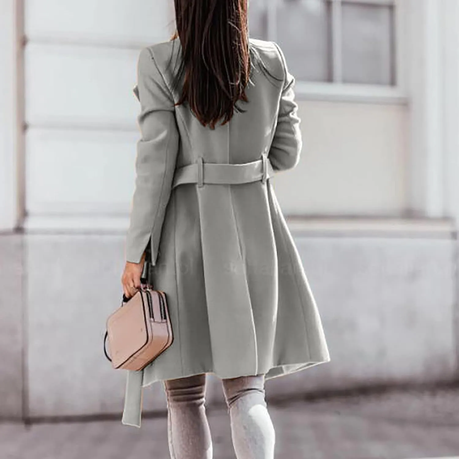 jsaierl Women Winter Trench Coat Belted Long Sleeves Lapel Collar Single Breasted Peacoat Wool Blend Mid Long Pea Coat Jacket