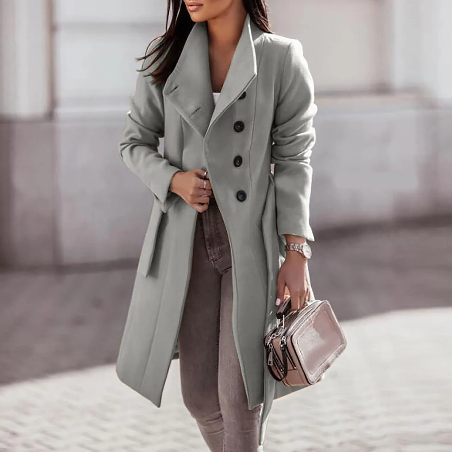 jsaierl Women Winter Trench Coat Belted Long Sleeves Lapel Collar Single Breasted Peacoat Wool Blend Mid Long Pea Coat Jacket