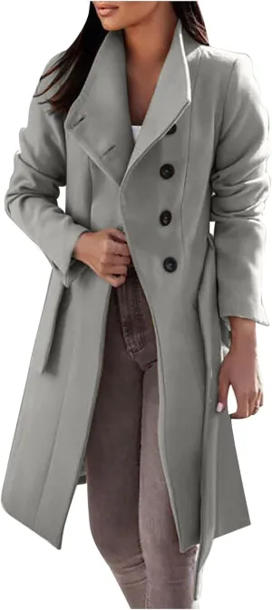 jsaierl Women Winter Trench Coat Belted Long Sleeves Lapel Collar Single Breasted Peacoat Wool Blend Mid Long Pea Coat Jacket