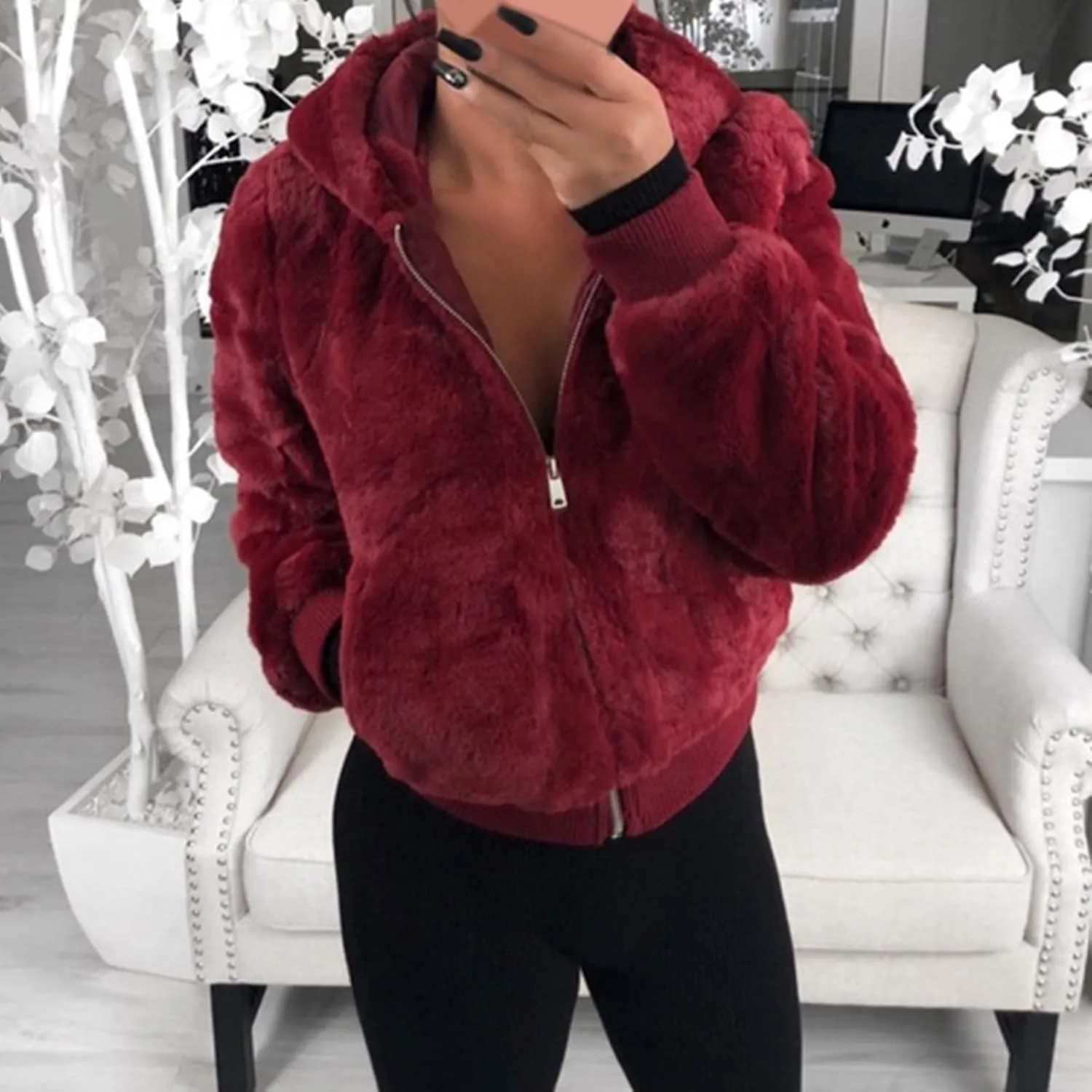 Ladies Long Sleeve Pocket Pure Color Mink Bunny Coat 2024 Christmas Gift