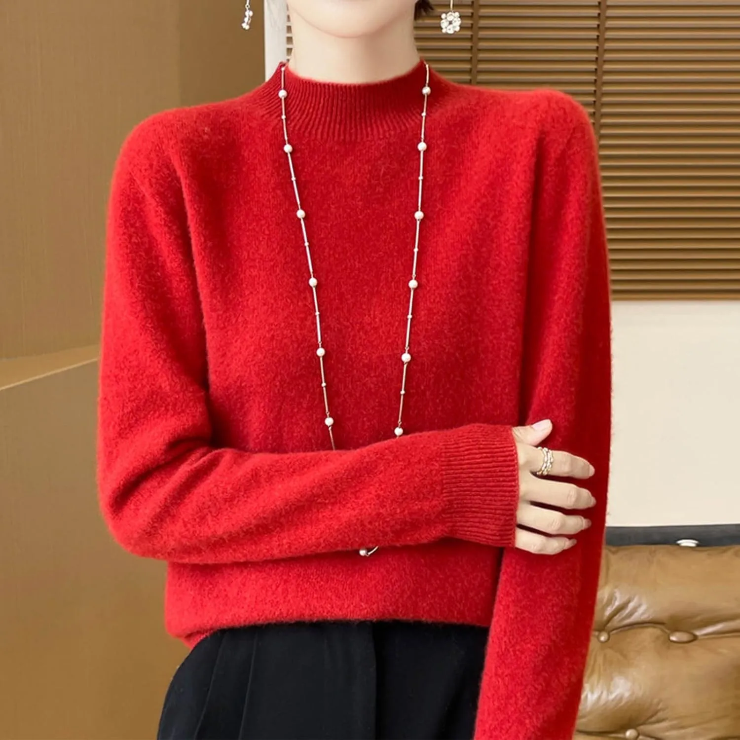 Ladies Solid Color Cashmere Sweaters Casual Fashion Turtleneck Pullover Sweaters Long Sleeve Knitted Base Sweater