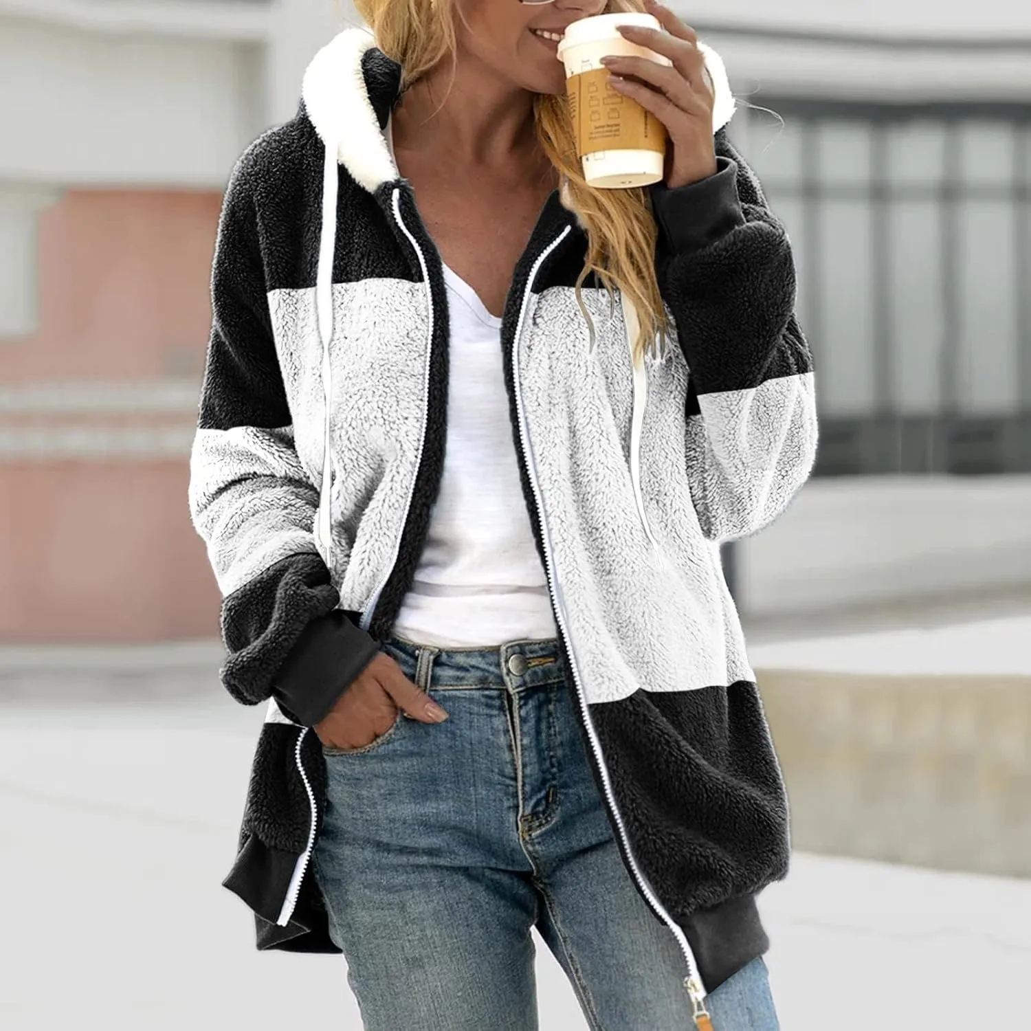LCMTWX Womens 2023 Winter Fuzzy Fleece Jacket Artificial Wool Zipper Drawstring Solid Oversized Fuzzy Fleece Fluffy Fall