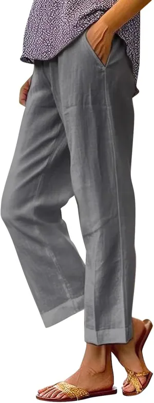 Light Weight Pants for Women Linen Pants Elastic Waist Straight Leg Plus Size Crop Pants Beach Trousers with Pockets