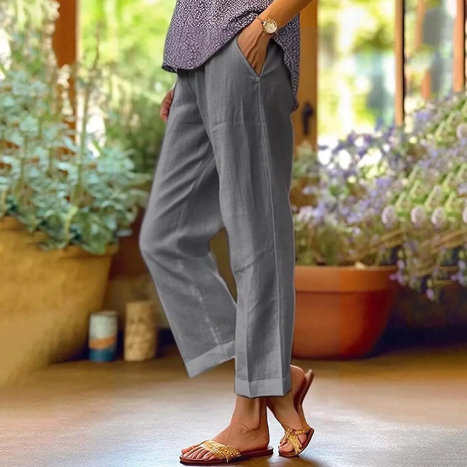 Light Weight Pants for Women Linen Pants Elastic Waist Straight Leg Plus Size Crop Pants Beach Trousers with Pockets