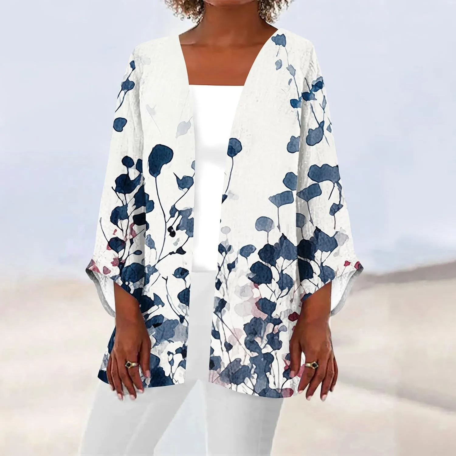 Lightweight Cardigan for Women Summer Printed Beach Cover Up Tops Casual Blouse Open Front 3/4 Sleeve Kimono Cardigan