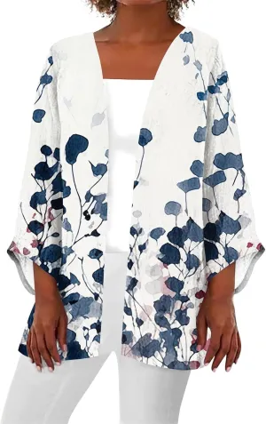 Lightweight Cardigan for Women Summer Printed Beach Cover Up Tops Casual Blouse Open Front 3/4 Sleeve Kimono Cardigan