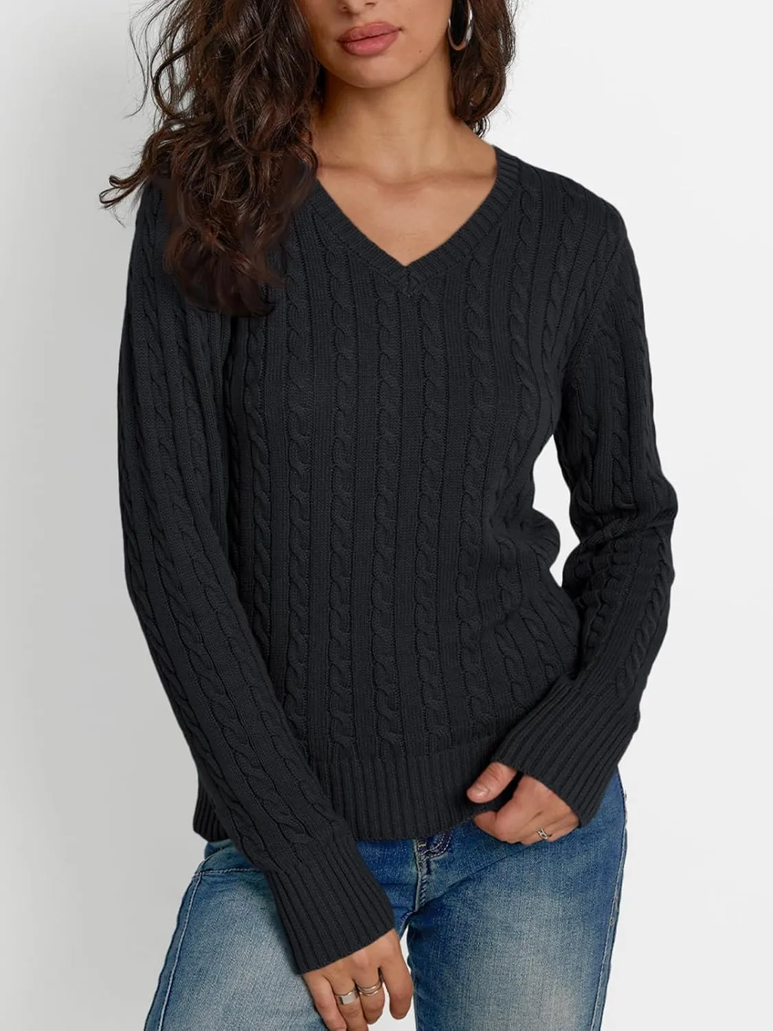 LILLUSORY Women's Cable Knit V Neck Lightweight Soft Pullover Sweaters