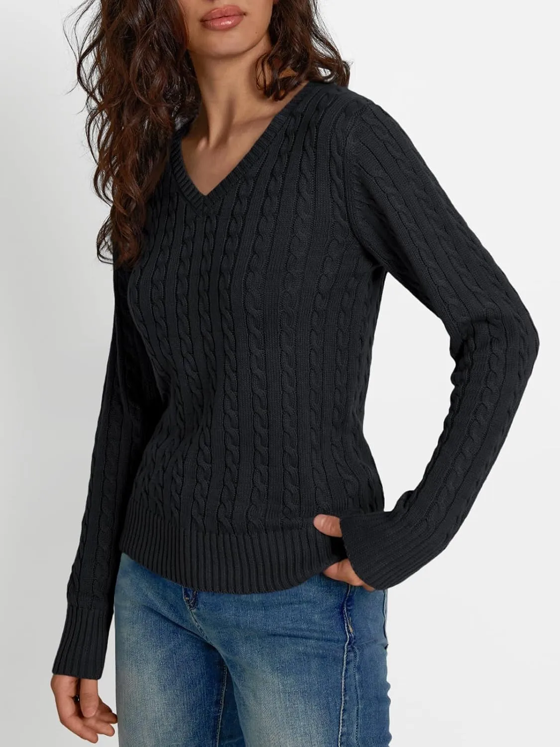 LILLUSORY Women's Cable Knit V Neck Lightweight Soft Pullover Sweaters