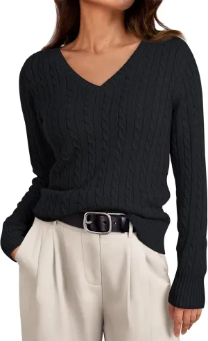 LILLUSORY Women's Cable Knit V Neck Lightweight Soft Pullover Sweaters