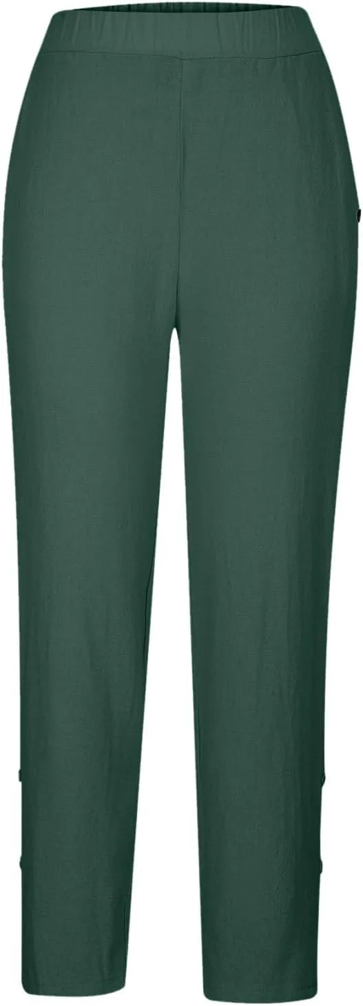 Linen Capris Pants for Women Summer Straight Leg Cropped Pants Lightweight Baggy Beachwear Cotton Lounge Pants