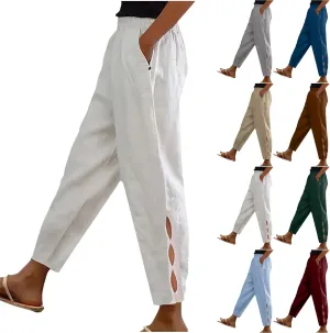 Linen Capris Pants for Women Summer Straight Leg Cropped Pants Lightweight Baggy Beachwear Cotton Lounge Pants