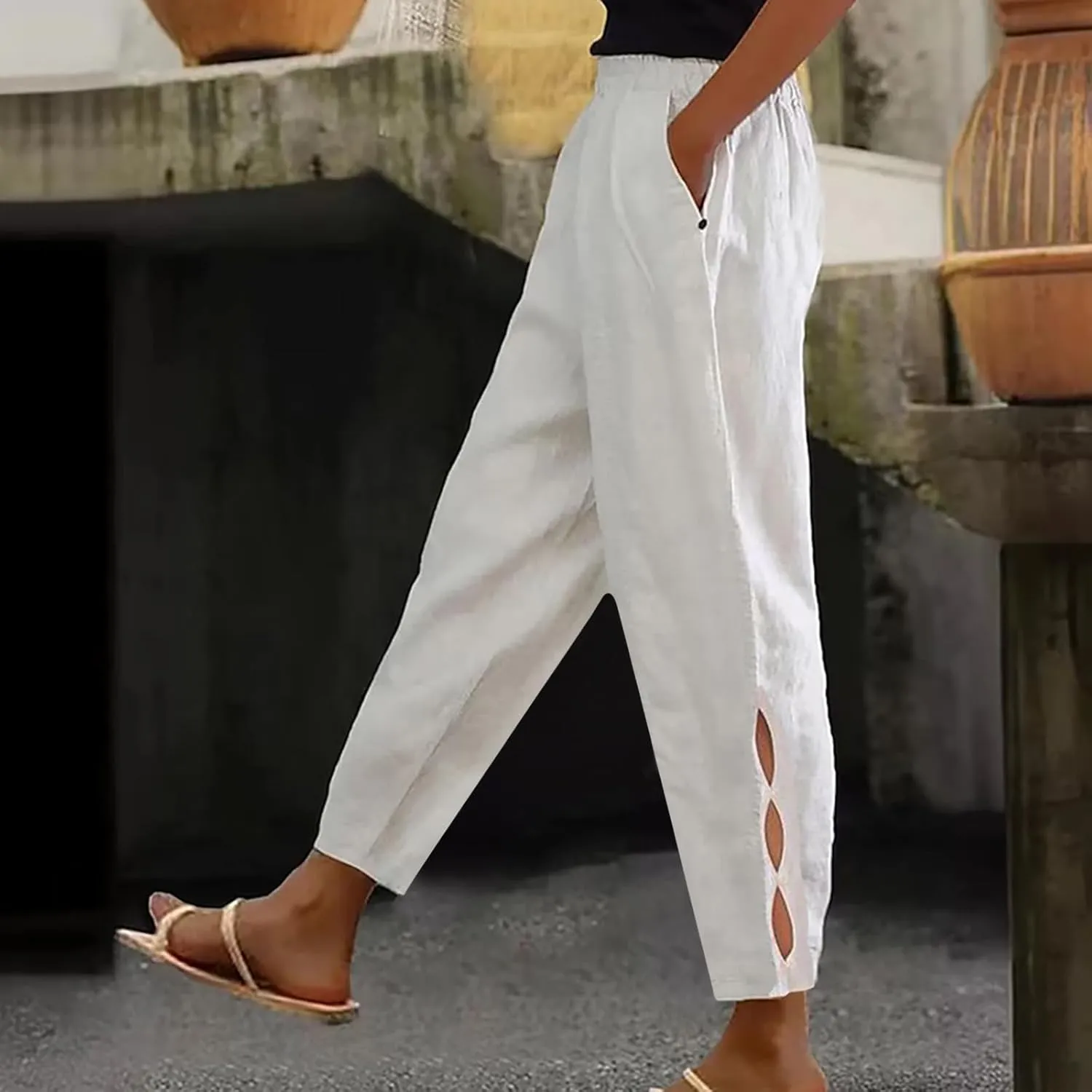 Linen Capris Pants for Women Summer Straight Leg Cropped Pants Lightweight Baggy Beachwear Cotton Lounge Pants