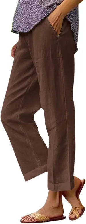Linen Crop Pants for Women Summer Casual Straight Leg Trousers Loose fit Beach Vacation Capris Pants w Pocket