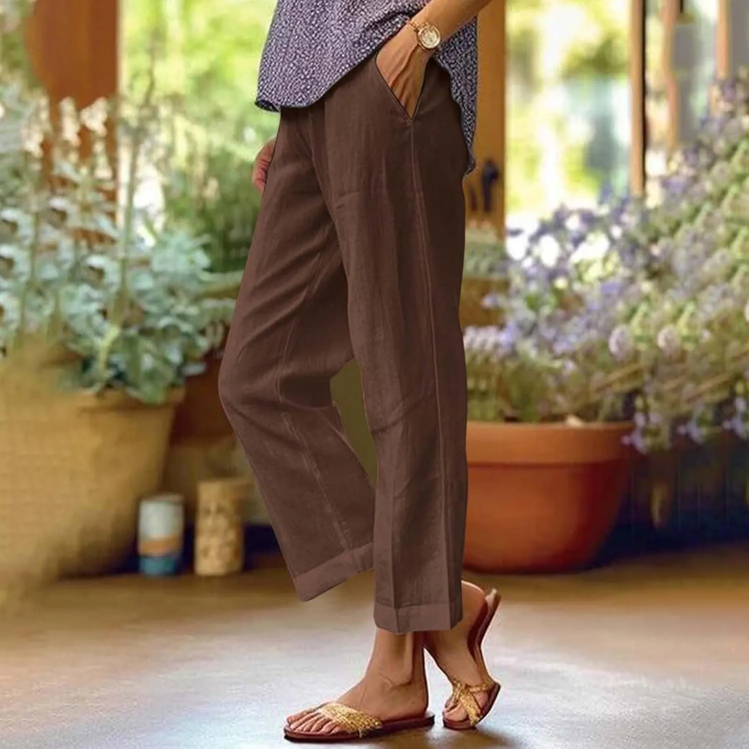 Linen Crop Pants for Women Summer Casual Straight Leg Trousers Loose fit Beach Vacation Capris Pants w Pocket