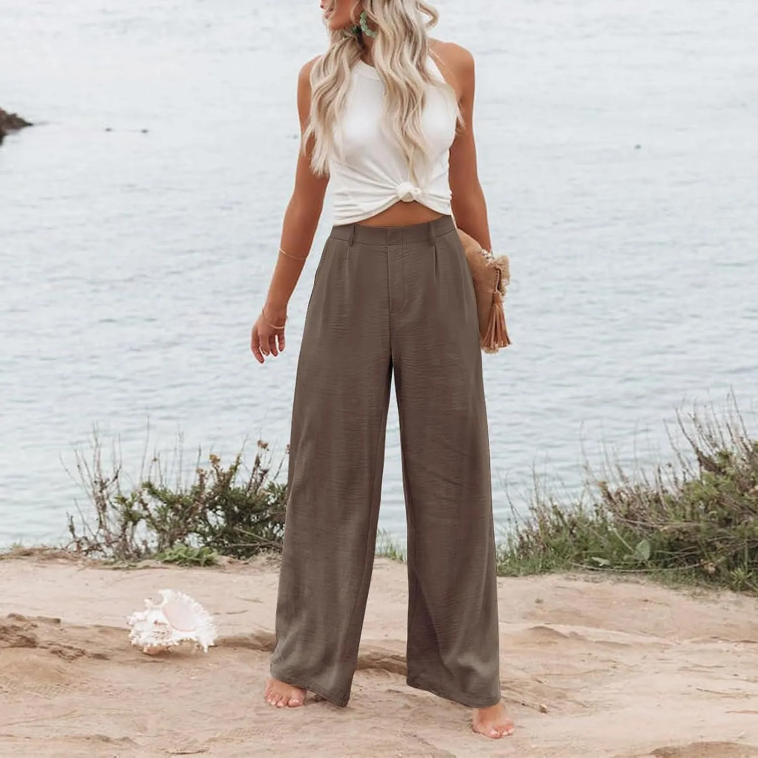 Linen Pants for Women Casual Business High Waisted Wide Leg Pants Lightweight Baggy Palazzo Pants with Pockets
