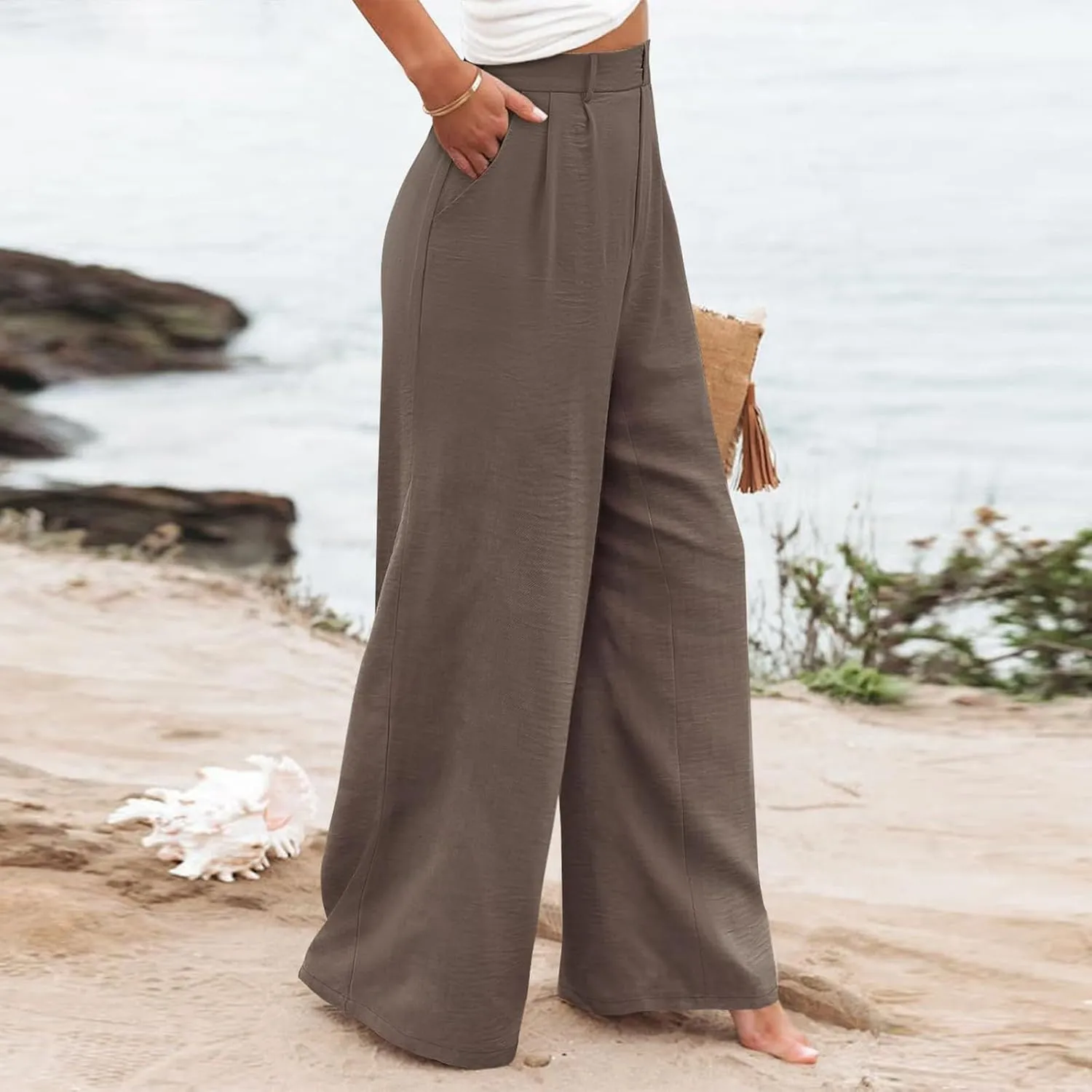 Linen Pants for Women Casual Business High Waisted Wide Leg Pants Lightweight Baggy Palazzo Pants with Pockets