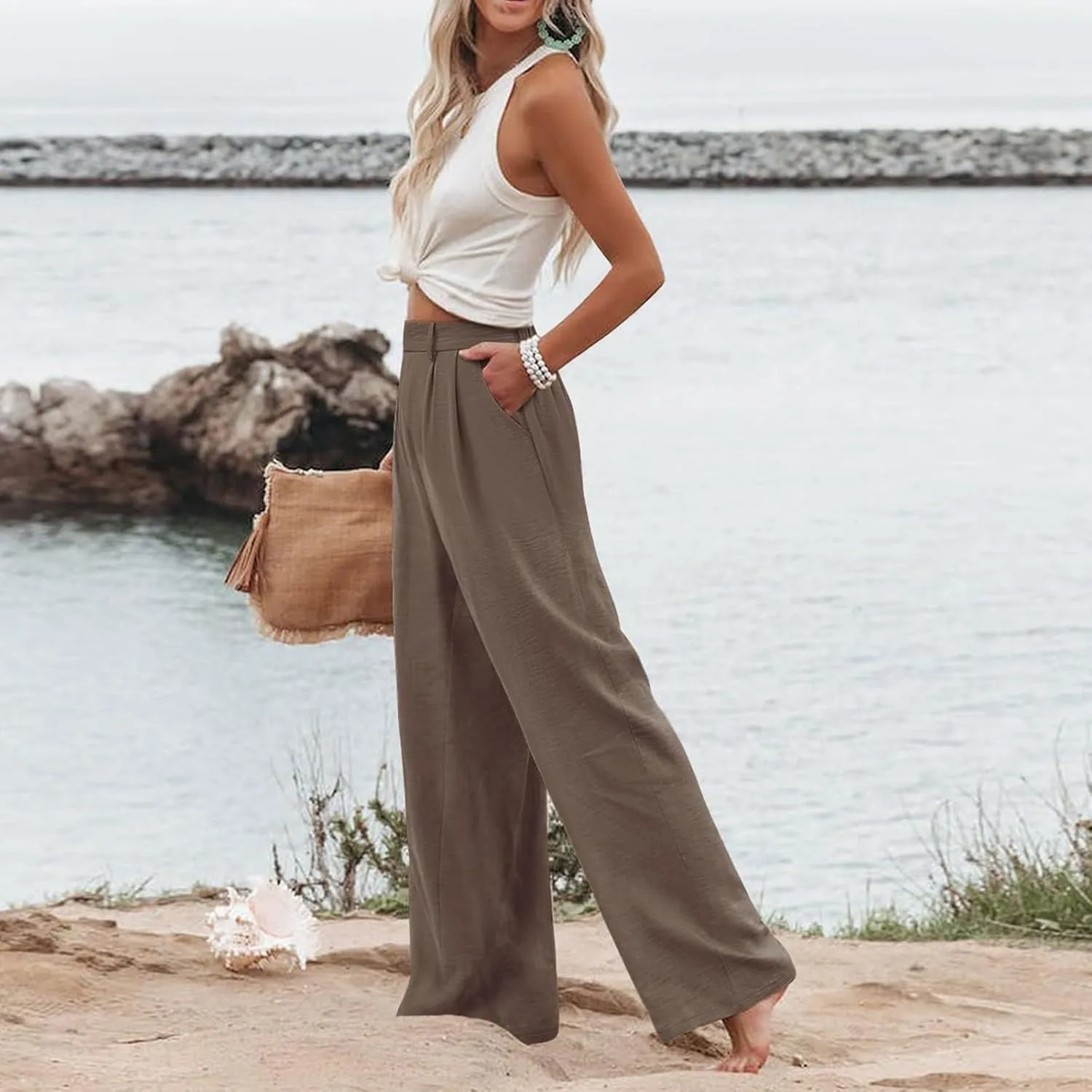 Linen Pants for Women Casual Business High Waisted Wide Leg Pants Lightweight Baggy Palazzo Pants with Pockets