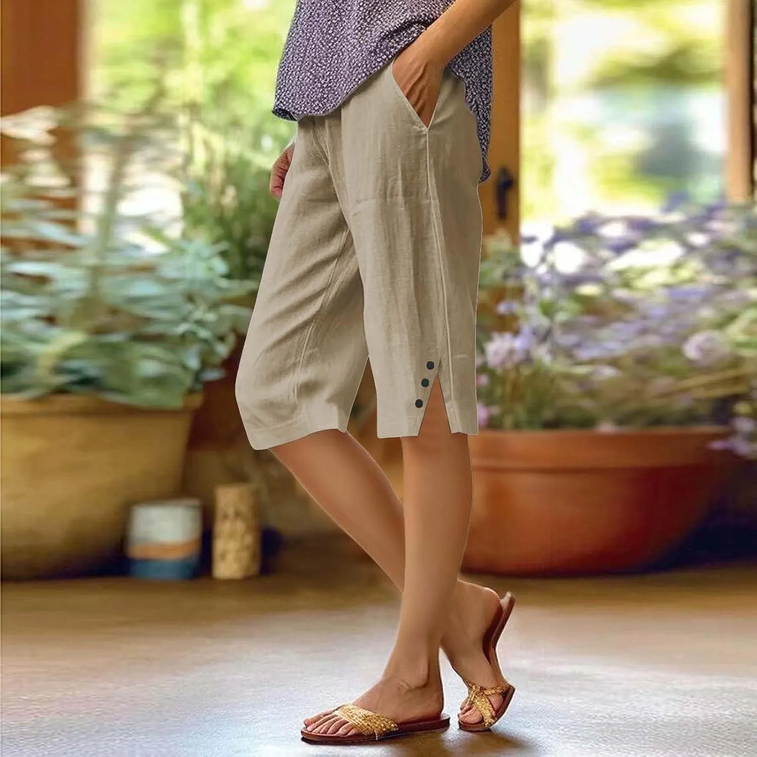 Linen Pants for Women Cropped Straight Leg Linen Capri Pants Side Slit Casual Summer Cover Up Pants with Pockets