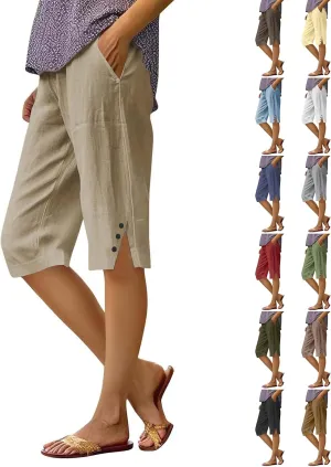 Linen Pants for Women Cropped Straight Leg Linen Capri Pants Side Slit Casual Summer Cover Up Pants with Pockets