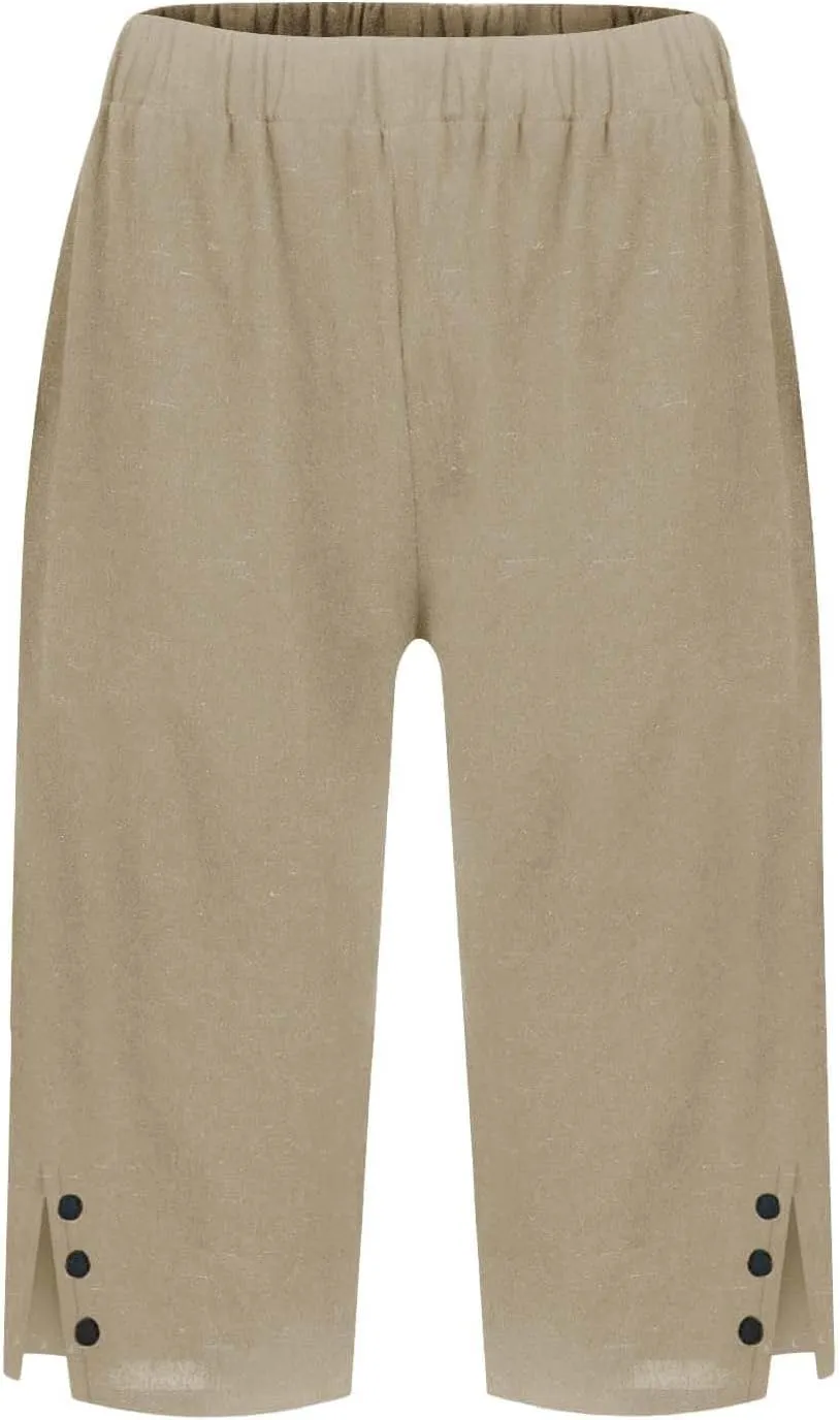 Linen Pants for Women Cropped Straight Leg Linen Capri Pants Side Slit Casual Summer Cover Up Pants with Pockets
