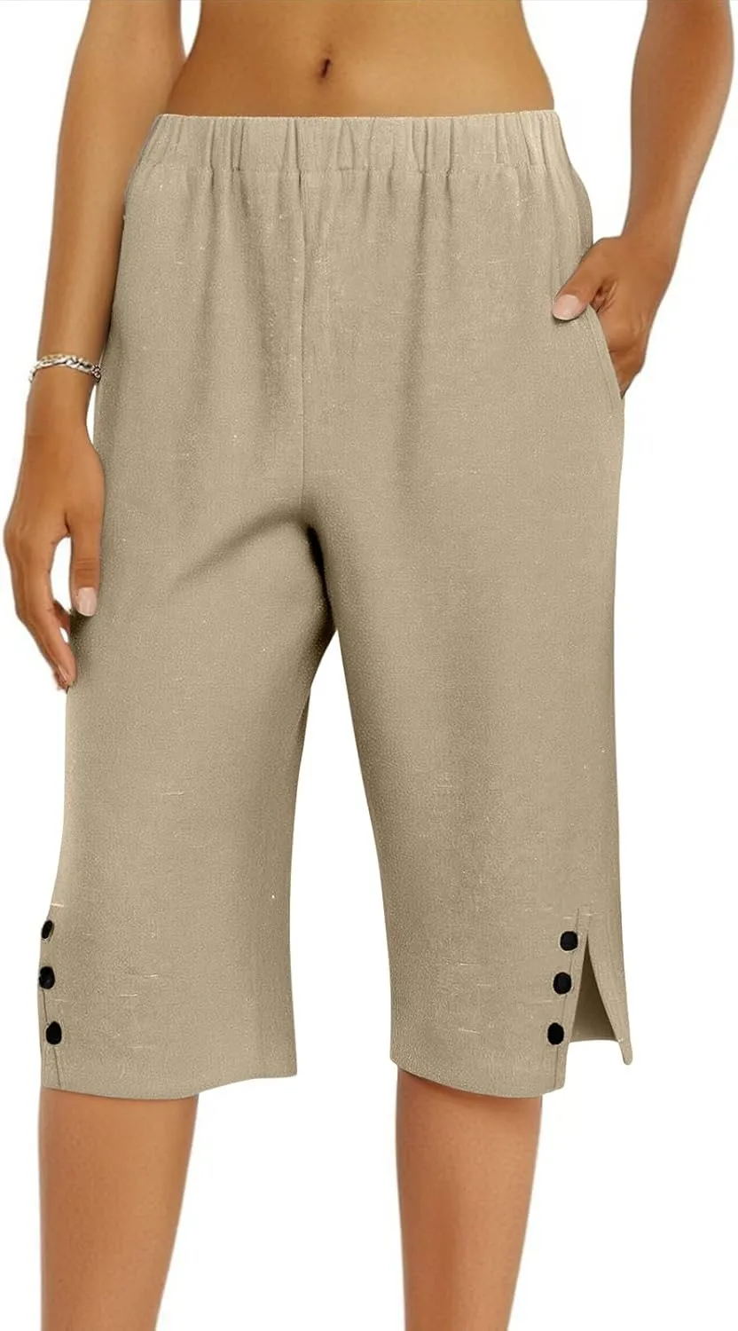 Linen Pants for Women Cropped Straight Leg Linen Capri Pants Side Slit Casual Summer Cover Up Pants with Pockets