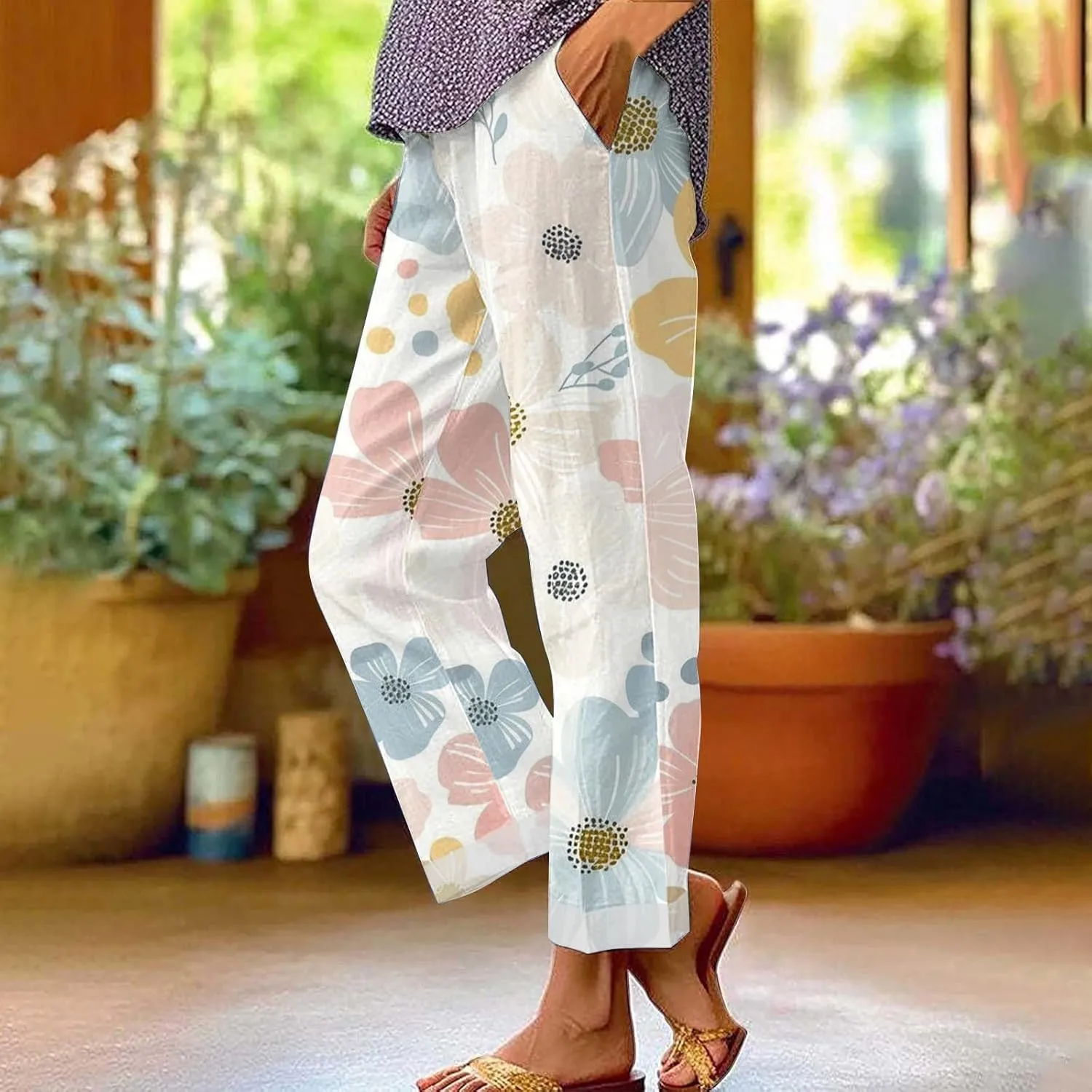 Linen Pants Women 2025 Elastic Waist Straight Leg Lounge Pants Solid Color Lightweight Trendy Trousers with Pocket