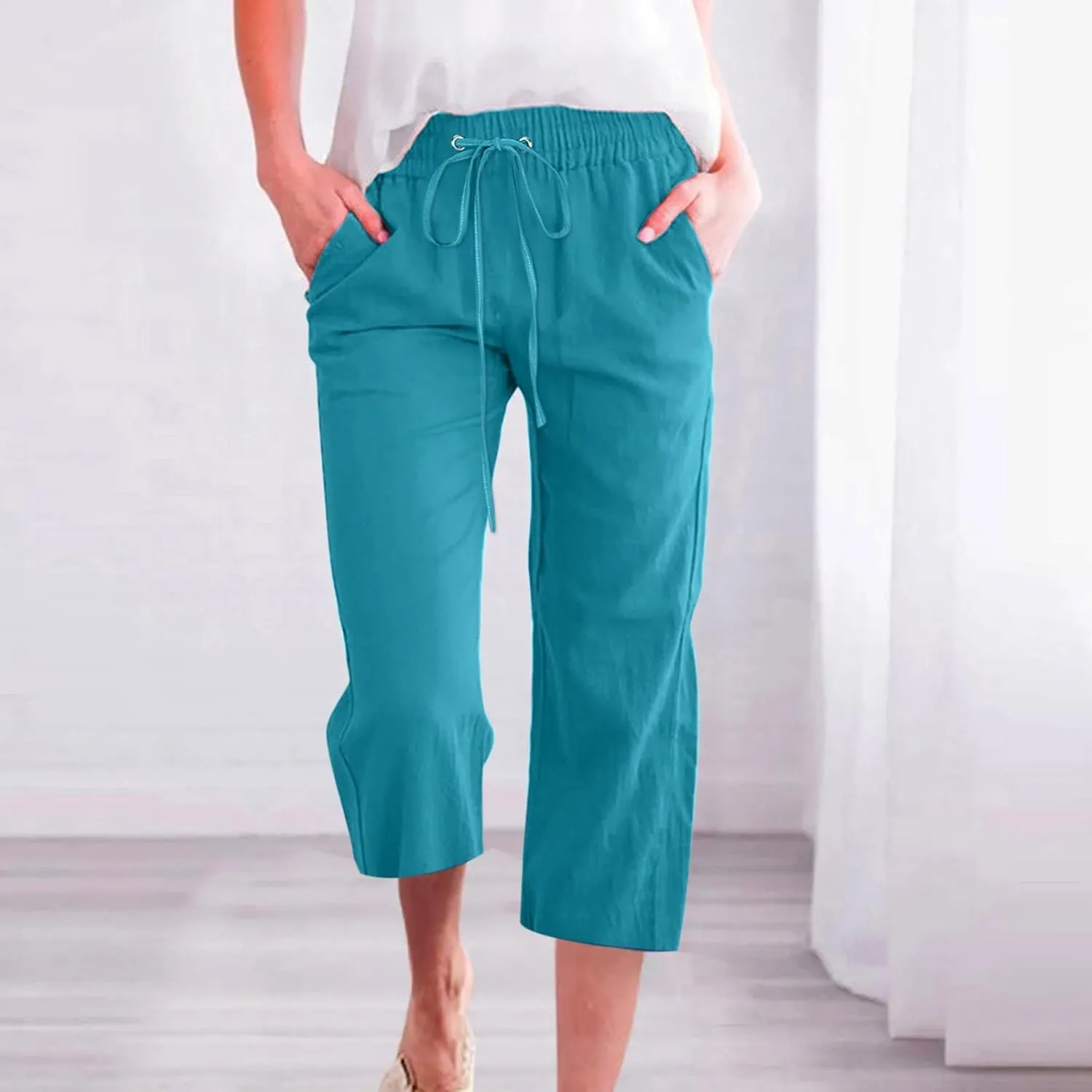 Linen Pants Women 3/4 Length White Linen Pants Women Summer Pants 2024 Wide Leg Pants Woman Elastic Drastring Trousers