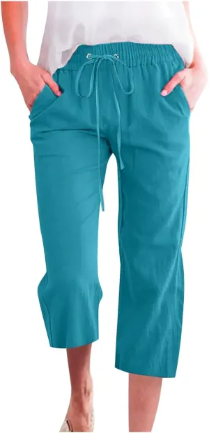 Linen Pants Women 3/4 Length White Linen Pants Women Summer Pants 2024 Wide Leg Pants Woman Elastic Drastring Trousers