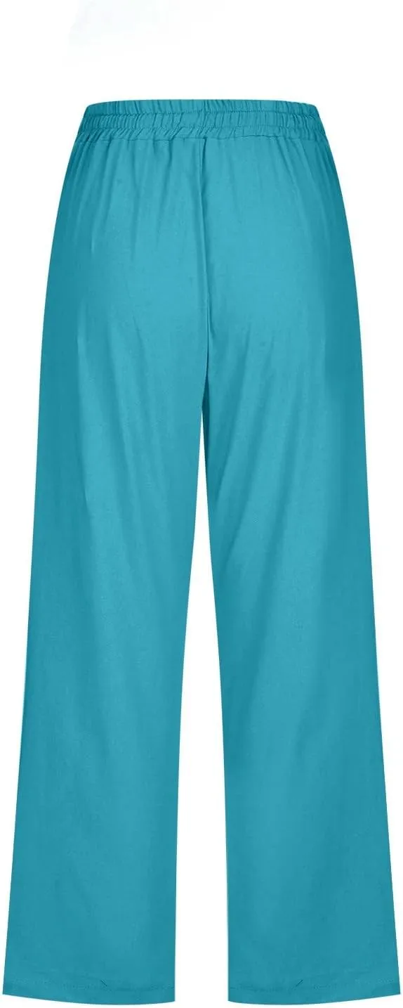 Linen Pants Women 3/4 Length White Linen Pants Women Summer Pants 2024 Wide Leg Pants Woman Elastic Drastring Trousers