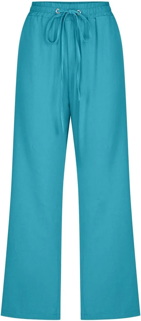 Linen Pants Women 3/4 Length White Linen Pants Women Summer Pants 2024 Wide Leg Pants Woman Elastic Drastring Trousers