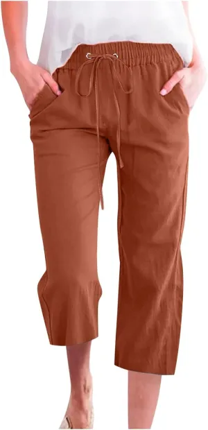 Linen Pants Women 3/4 Length White Linen Pants Women Summer Pants 2024 Wide Leg Pants Woman Elastic Drastring Trousers