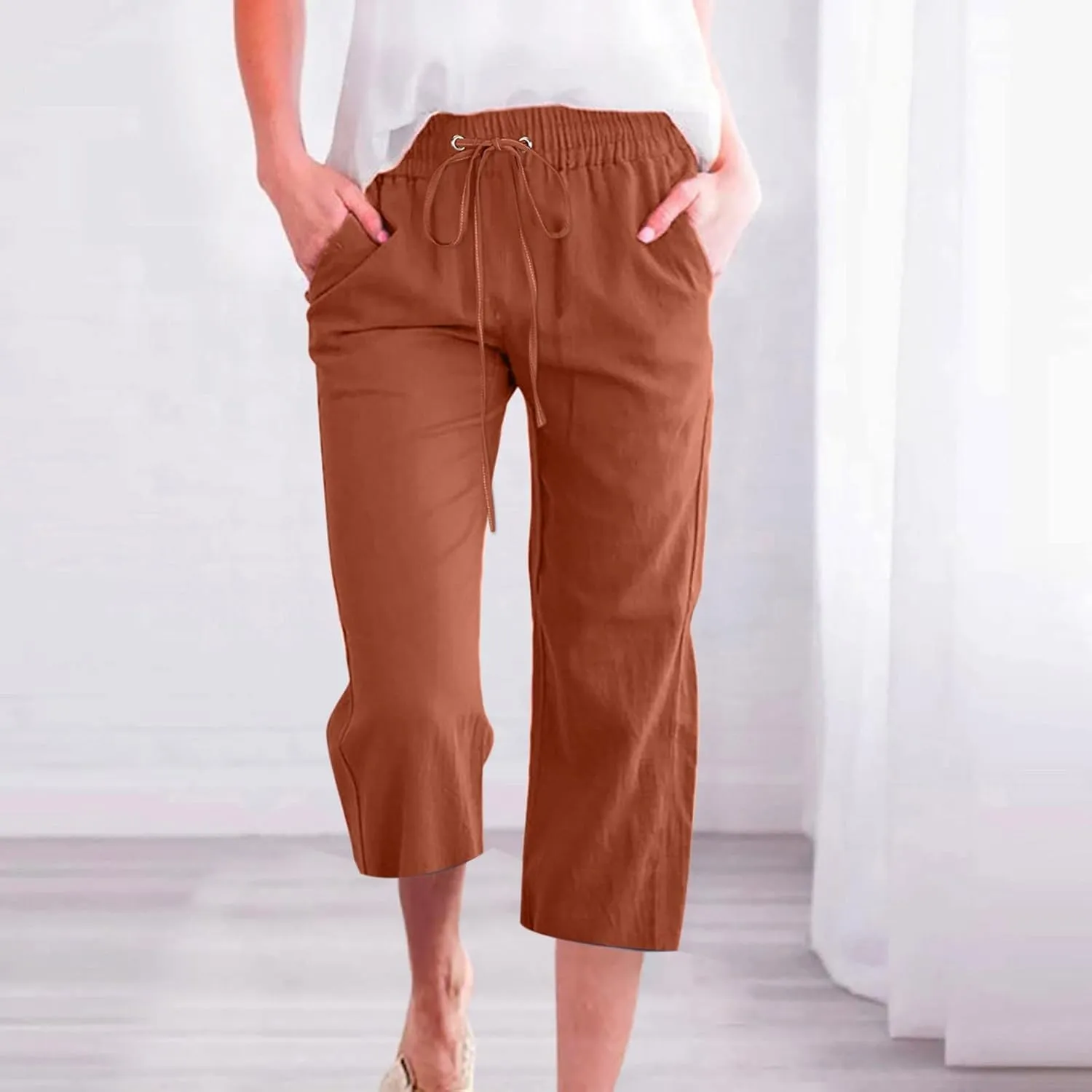 Linen Pants Women 3/4 Length White Linen Pants Women Summer Pants 2024 Wide Leg Pants Woman Elastic Drastring Trousers