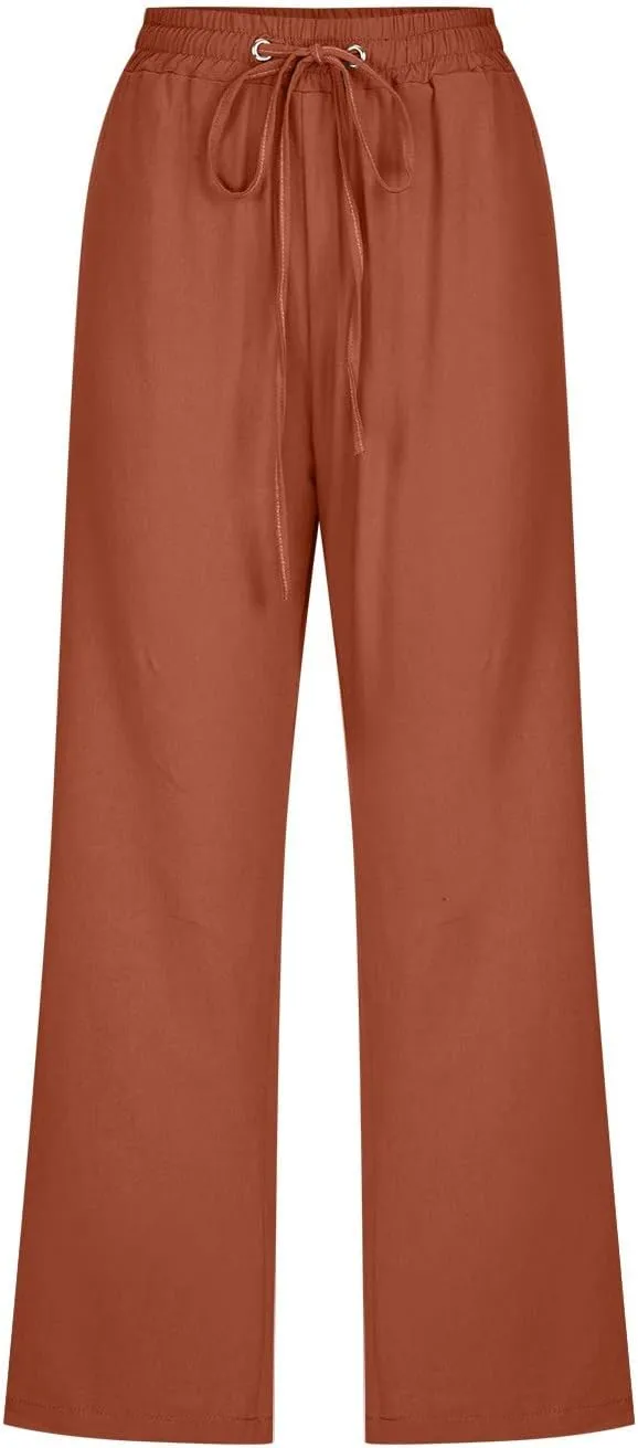 Linen Pants Women 3/4 Length White Linen Pants Women Summer Pants 2024 Wide Leg Pants Woman Elastic Drastring Trousers