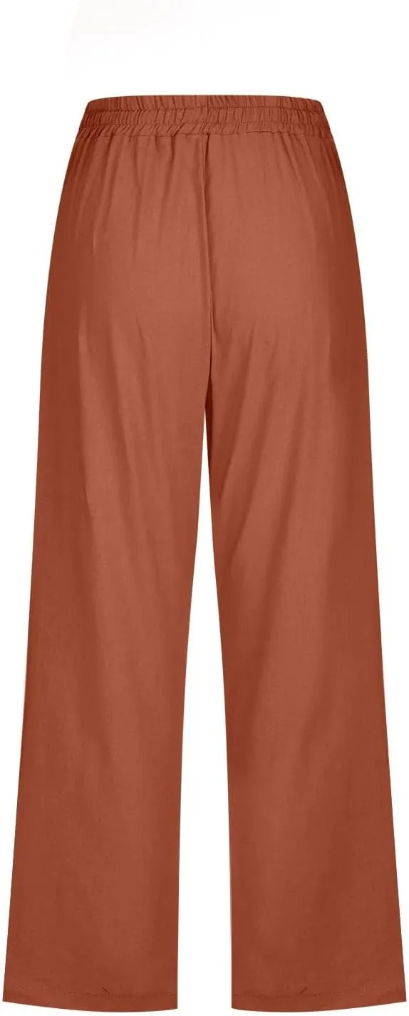 Linen Pants Women 3/4 Length White Linen Pants Women Summer Pants 2024 Wide Leg Pants Woman Elastic Drastring Trousers