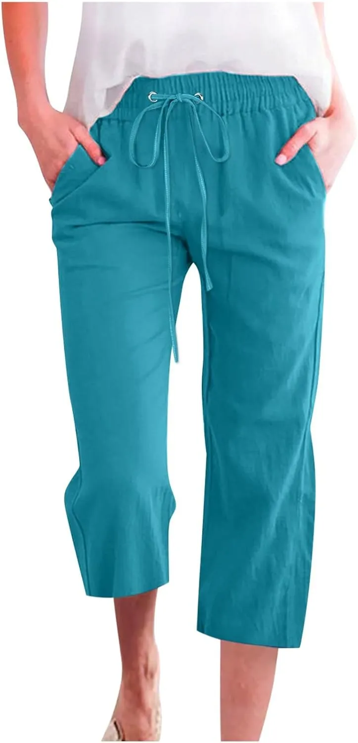 Linen Pants Women 3/4 Length White Linen Pants Women Summer Pants 2024 Wide Leg Pants Woman Elastic Drastring Trousers