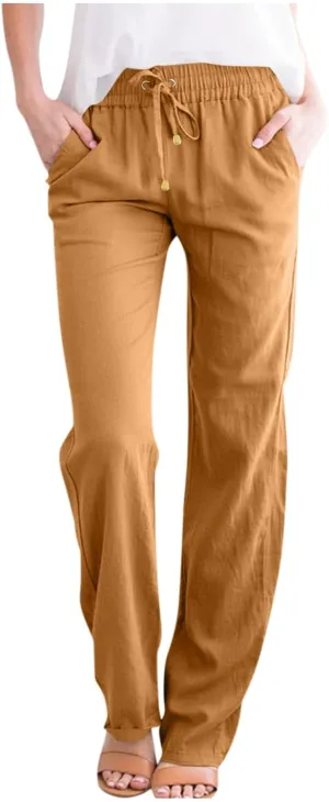 Linen Pants Women Casual Drawstring High Waisted Straight Leg Pants Summer Loose Comfy Lounge Pants with Pockets