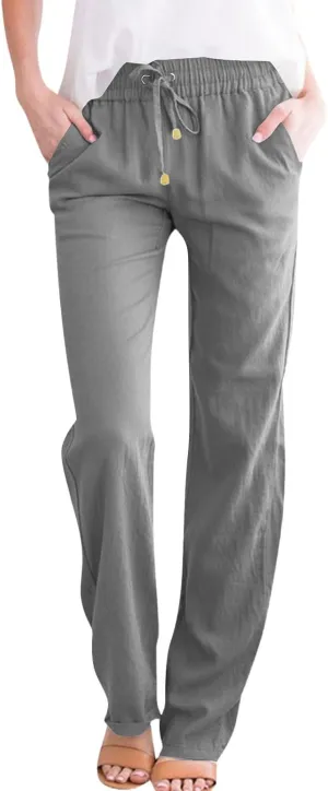 Linen Pants Women Casual Drawstring High Waisted Straight Leg Pants Summer Loose Comfy Lounge Pants with Pockets