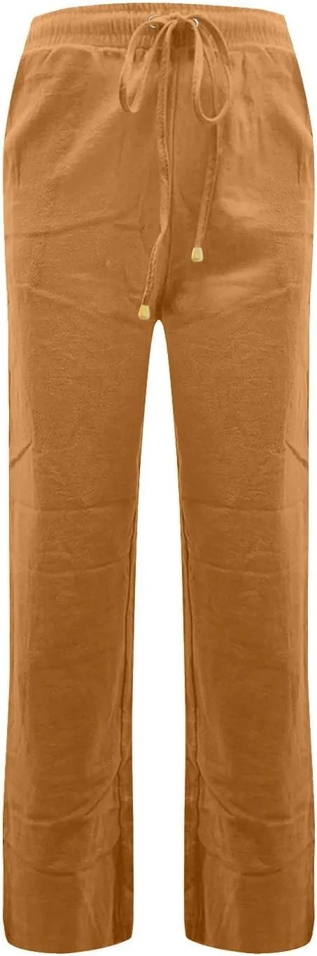 Linen Pants Women Casual Drawstring High Waisted Straight Leg Pants Summer Loose Comfy Lounge Pants with Pockets
