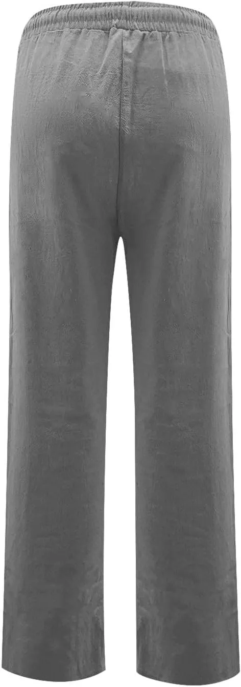 Linen Pants Women Casual Drawstring High Waisted Straight Leg Pants Summer Loose Comfy Lounge Pants with Pockets