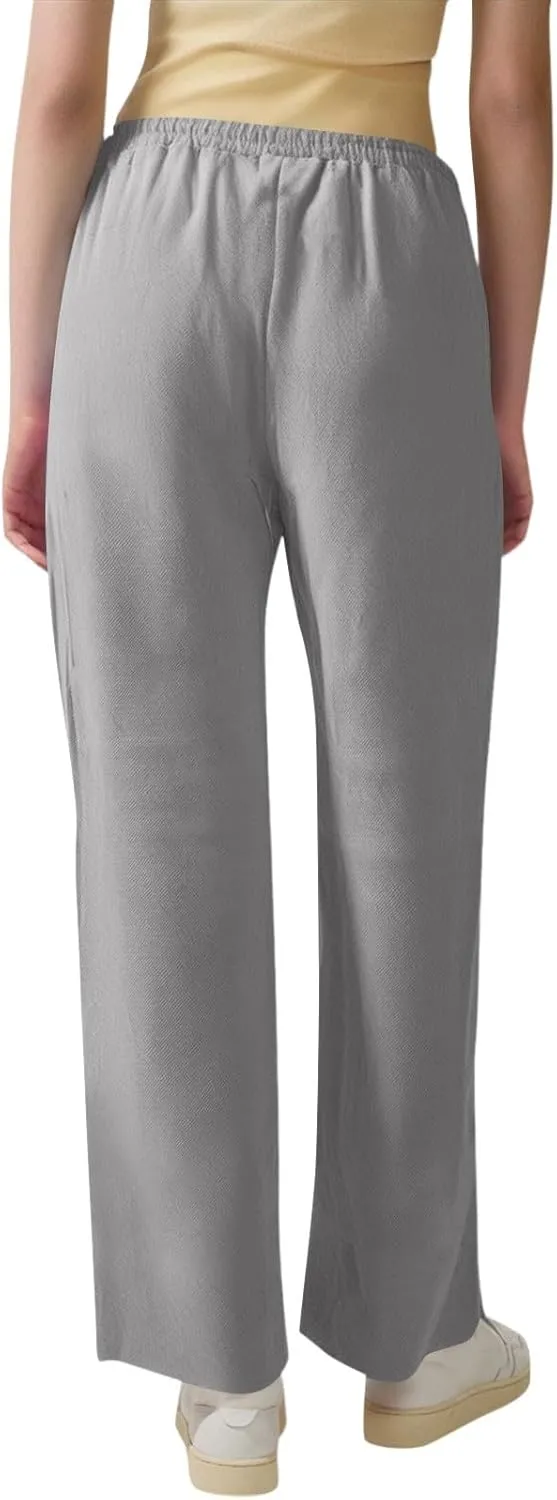 Linen Pants Women Casual Drawstring High Waisted Straight Leg Pants Summer Loose Comfy Lounge Pants with Pockets
