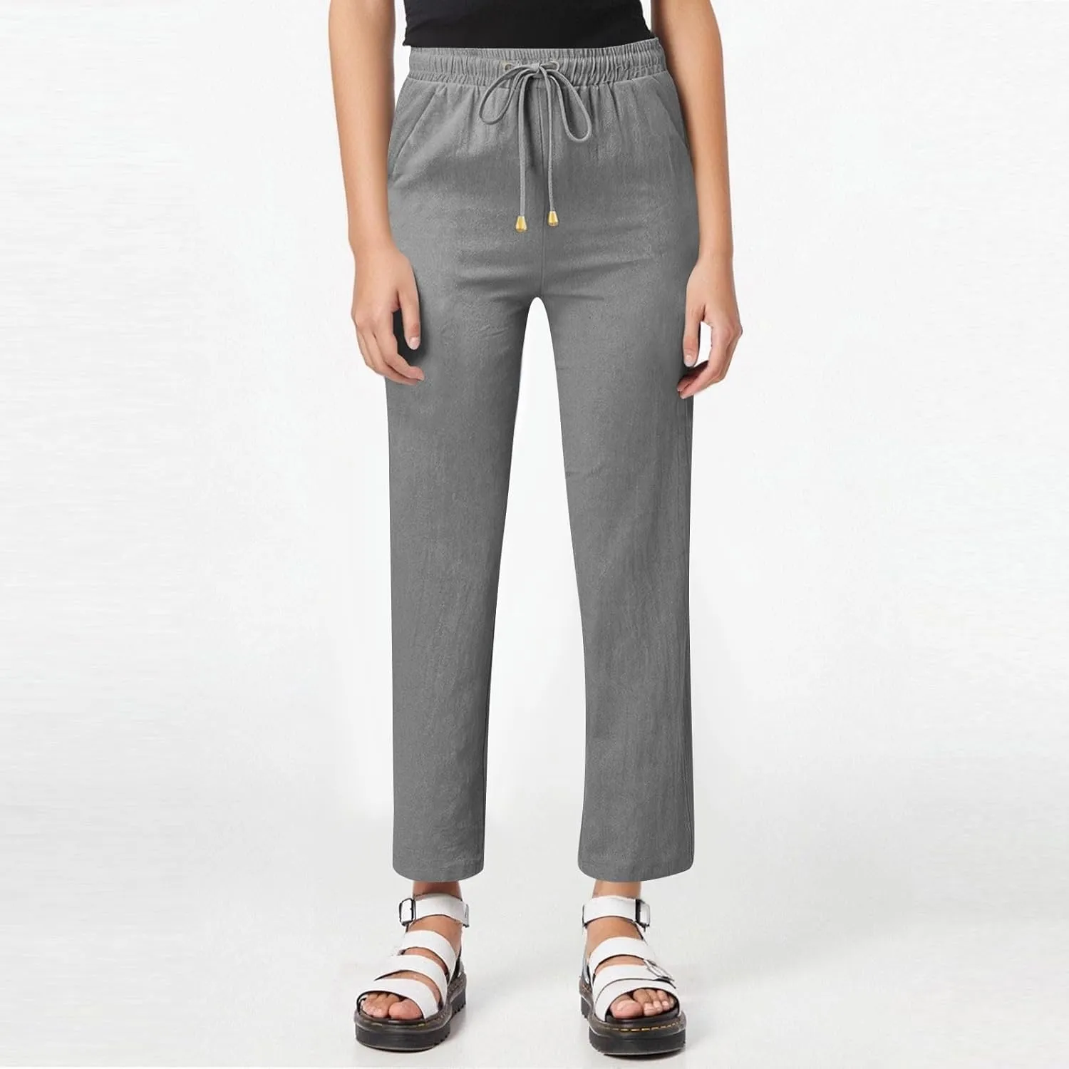 Linen Pants Women Casual Drawstring High Waisted Straight Leg Pants Summer Loose Comfy Lounge Pants with Pockets