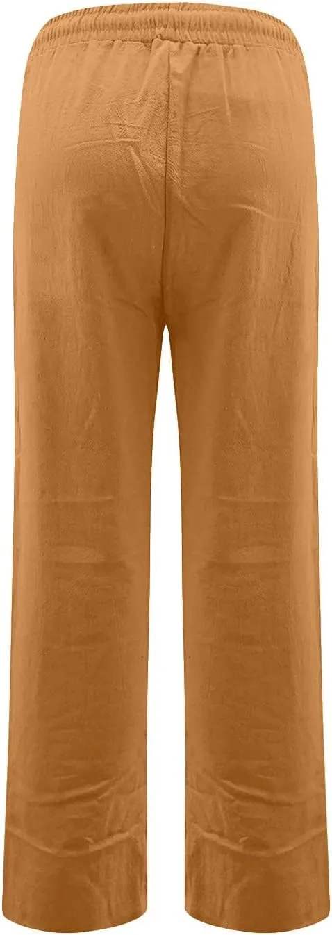 Linen Pants Women Casual Drawstring High Waisted Straight Leg Pants Summer Loose Comfy Lounge Pants with Pockets