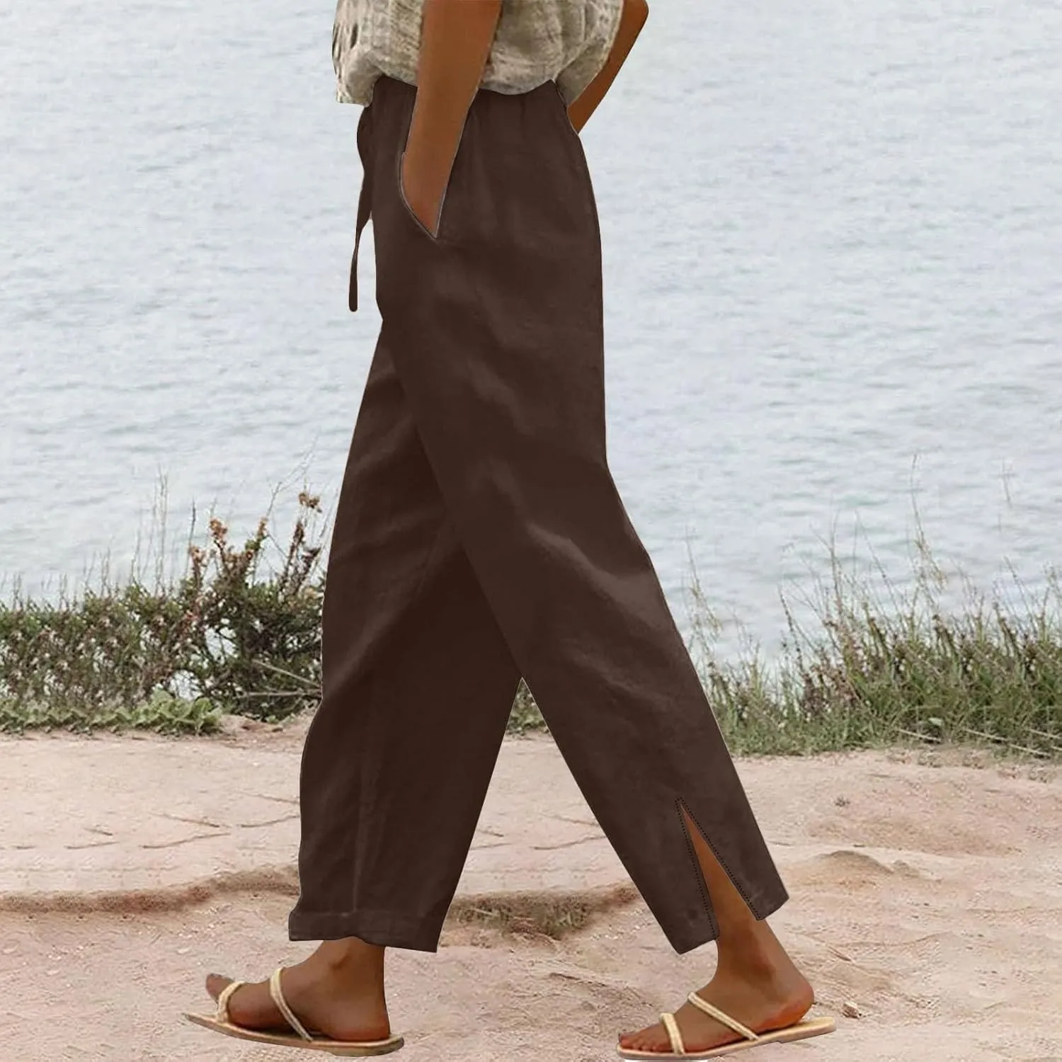 Linen Pants Women Casual Side Split Capri Pants Summer Beach Drawstring Elastic Waist Cropped Trousers with Pockets