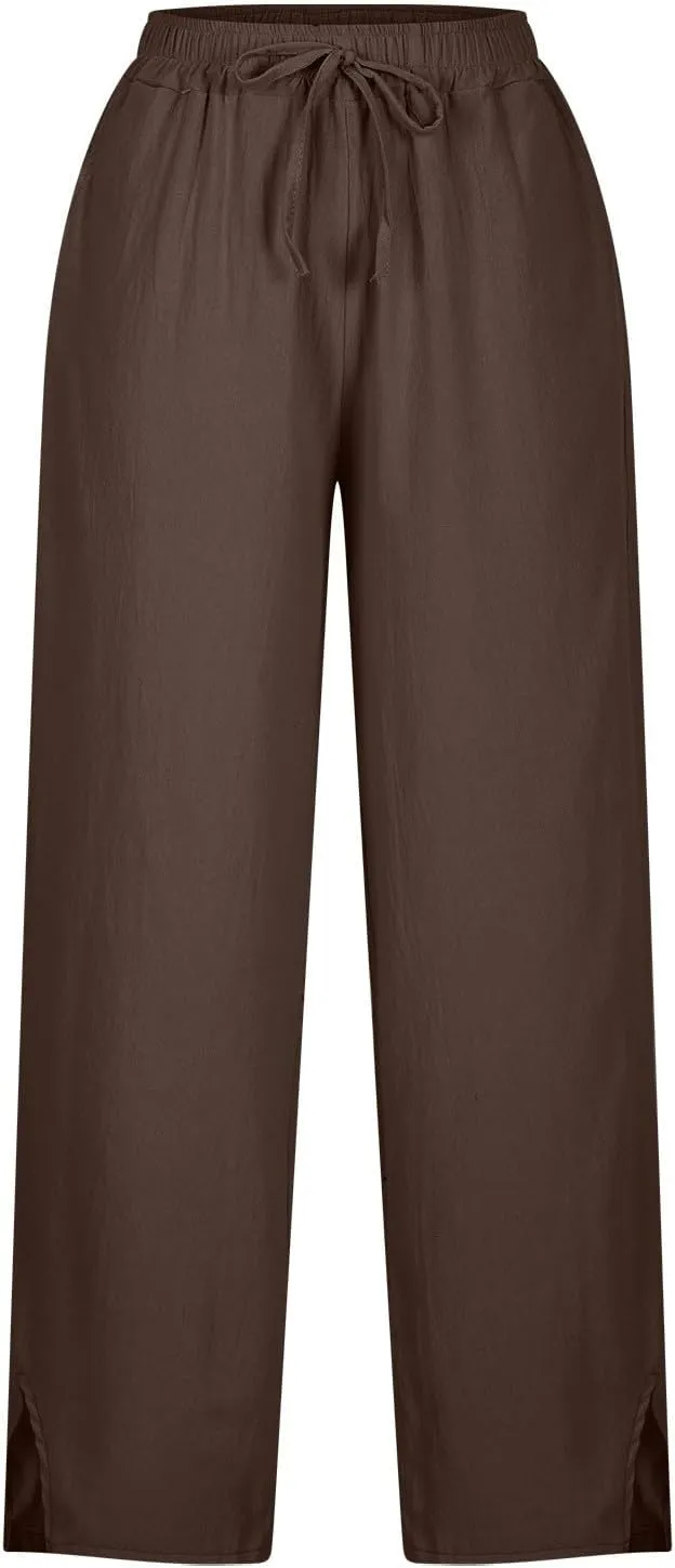 Linen Pants Women Casual Side Split Capri Pants Summer Beach Drawstring Elastic Waist Cropped Trousers with Pockets