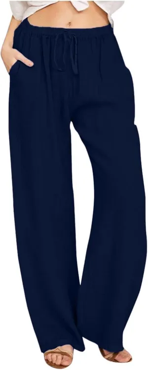 Linen Pants Women Casual Summer Drawstring Waist Wide Leg Pants with Pockets Baggy Lightweight Beach Trousers