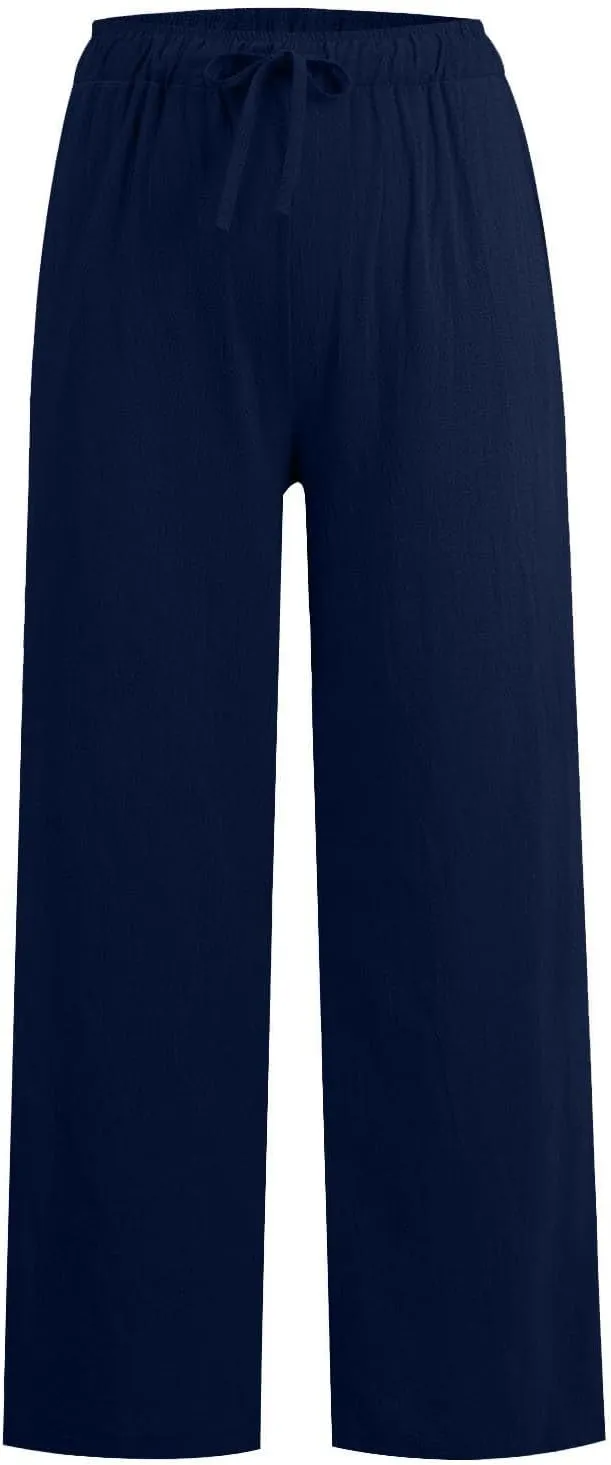 Linen Pants Women Casual Summer Drawstring Waist Wide Leg Pants with Pockets Baggy Lightweight Beach Trousers