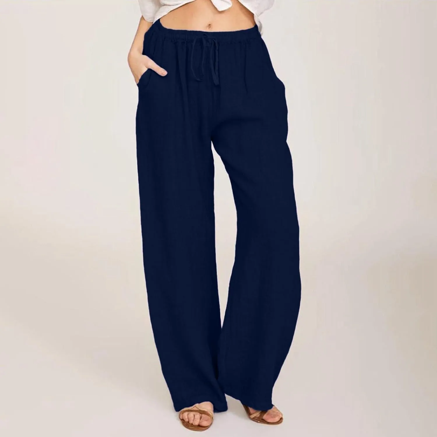 Linen Pants Women Casual Summer Drawstring Waist Wide Leg Pants with Pockets Baggy Lightweight Beach Trousers