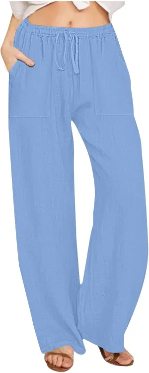 Linen Pants Women High Waisted Wide Leg Pants Drawstring Loose Fit Summer Trousers Beach Resort Wear 2025